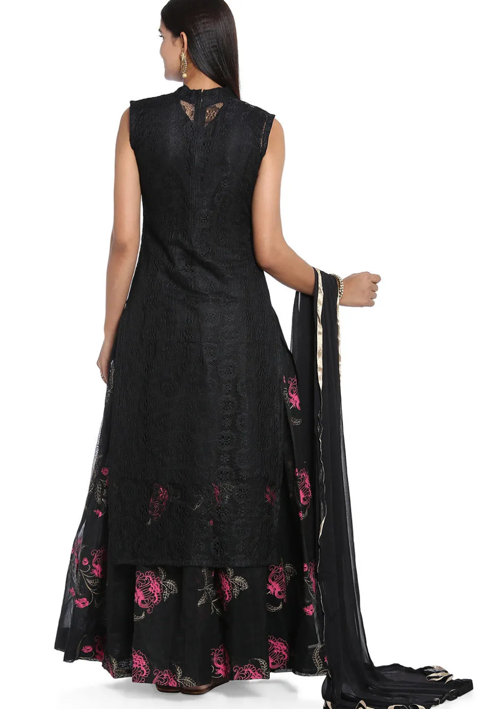Digital Printed Chantelle Net Lehenga in Black