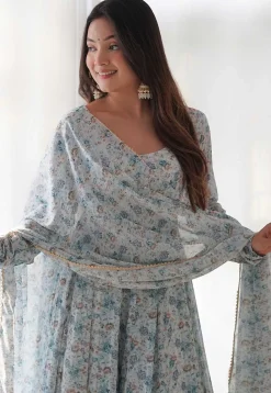 Digital Printed Chiffon Aline Suit in Light Sea Green