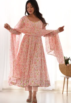 Digital Printed Chiffon A Line Suit in Baby Pink