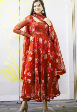 Digital Printed Chiffon A Line Suit in Red