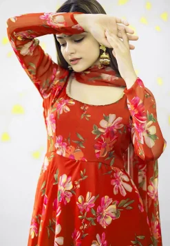 Digital Printed Chiffon A Line Suit in Red