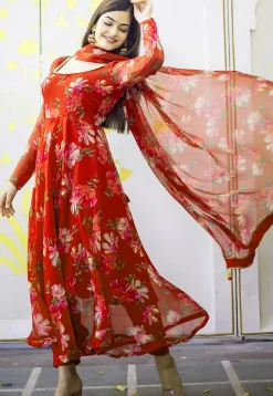 Digital Printed Chiffon A Line Suit in Red