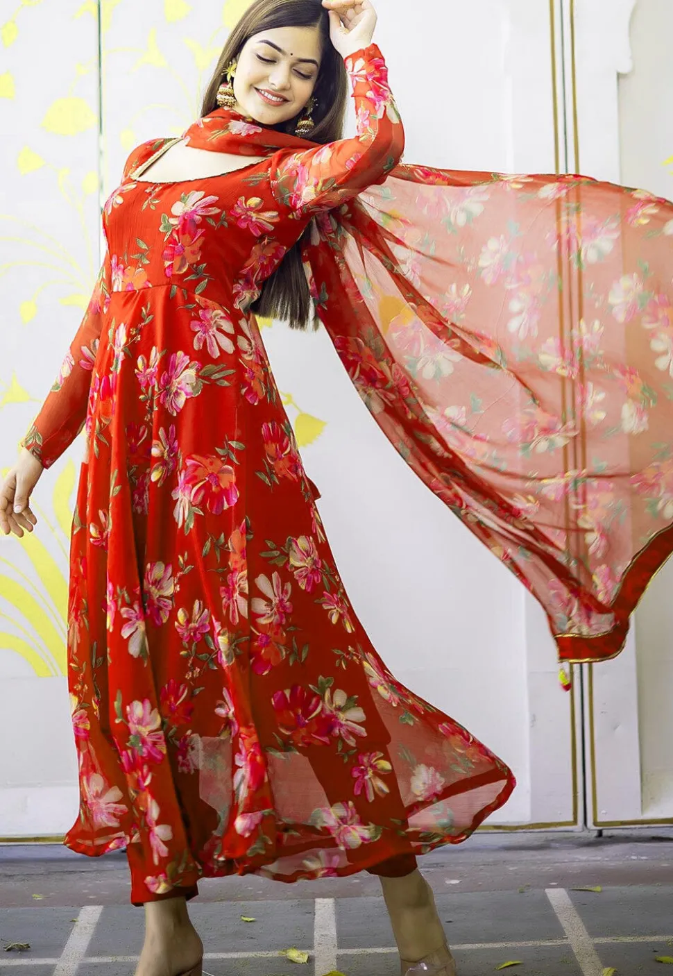 Digital Printed Chiffon A Line Suit in Red
