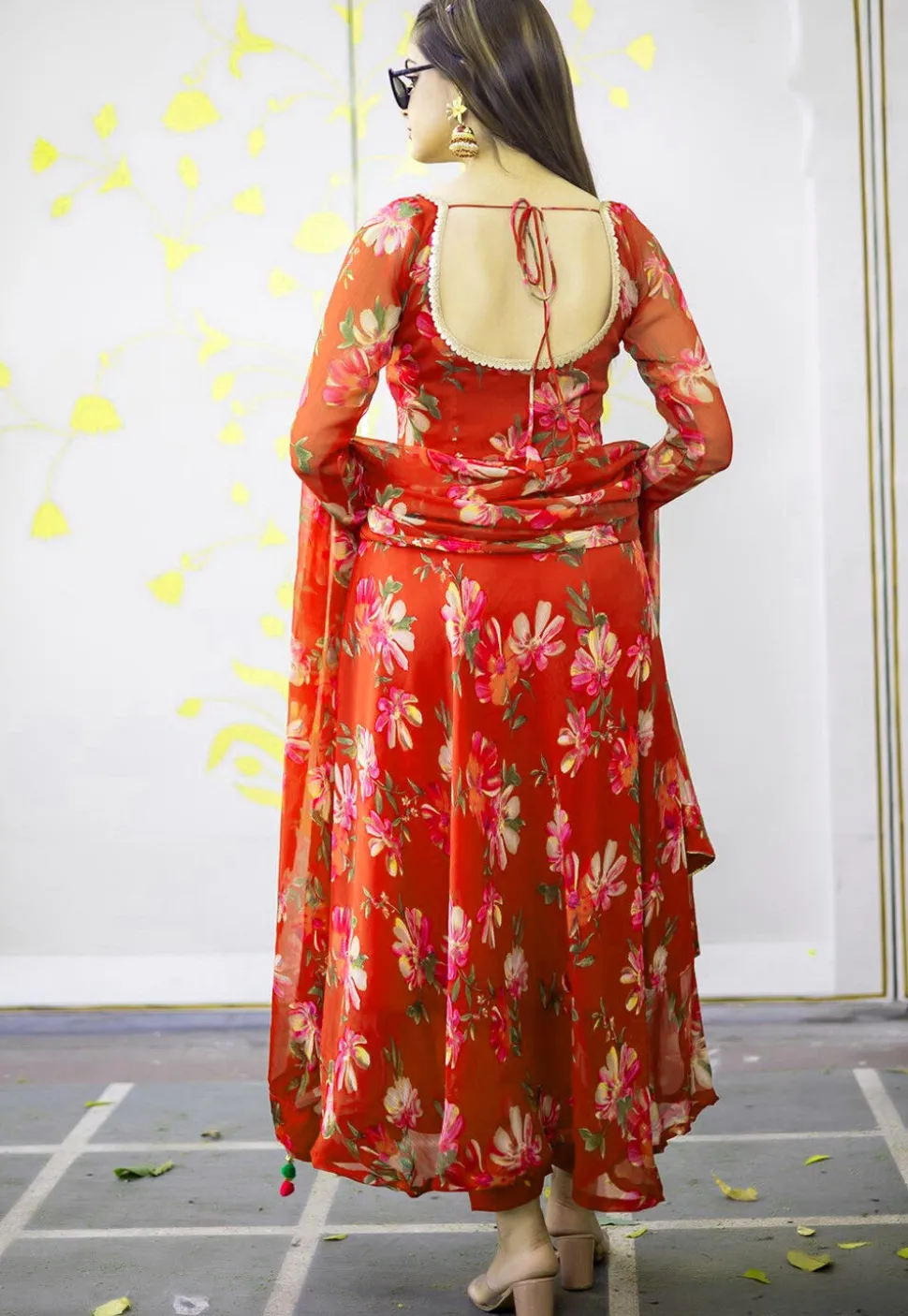 Digital Printed Chiffon A Line Suit in Red