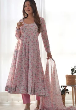 Digital Printed Chiffon A Line Suit in Off White
