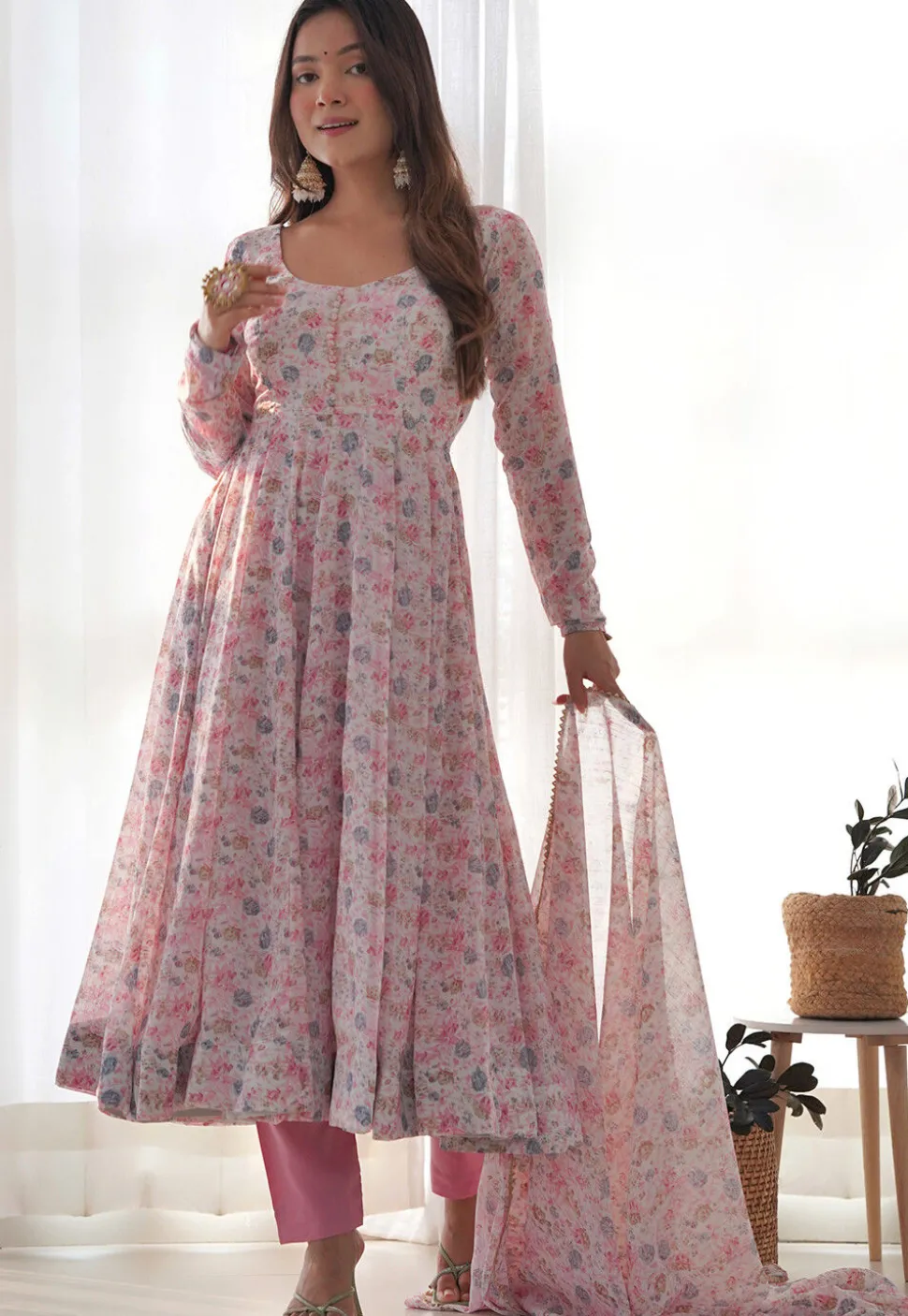 Digital Printed Chiffon A Line Suit in Off White