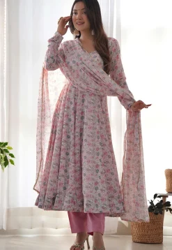 Digital Printed Chiffon A Line Suit in Off White