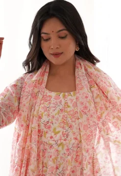 Digital Printed Chiffon A Line Suit in Off White