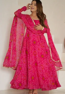 Digital Printed Chiffon Abaya Style Suit in Fuchsia