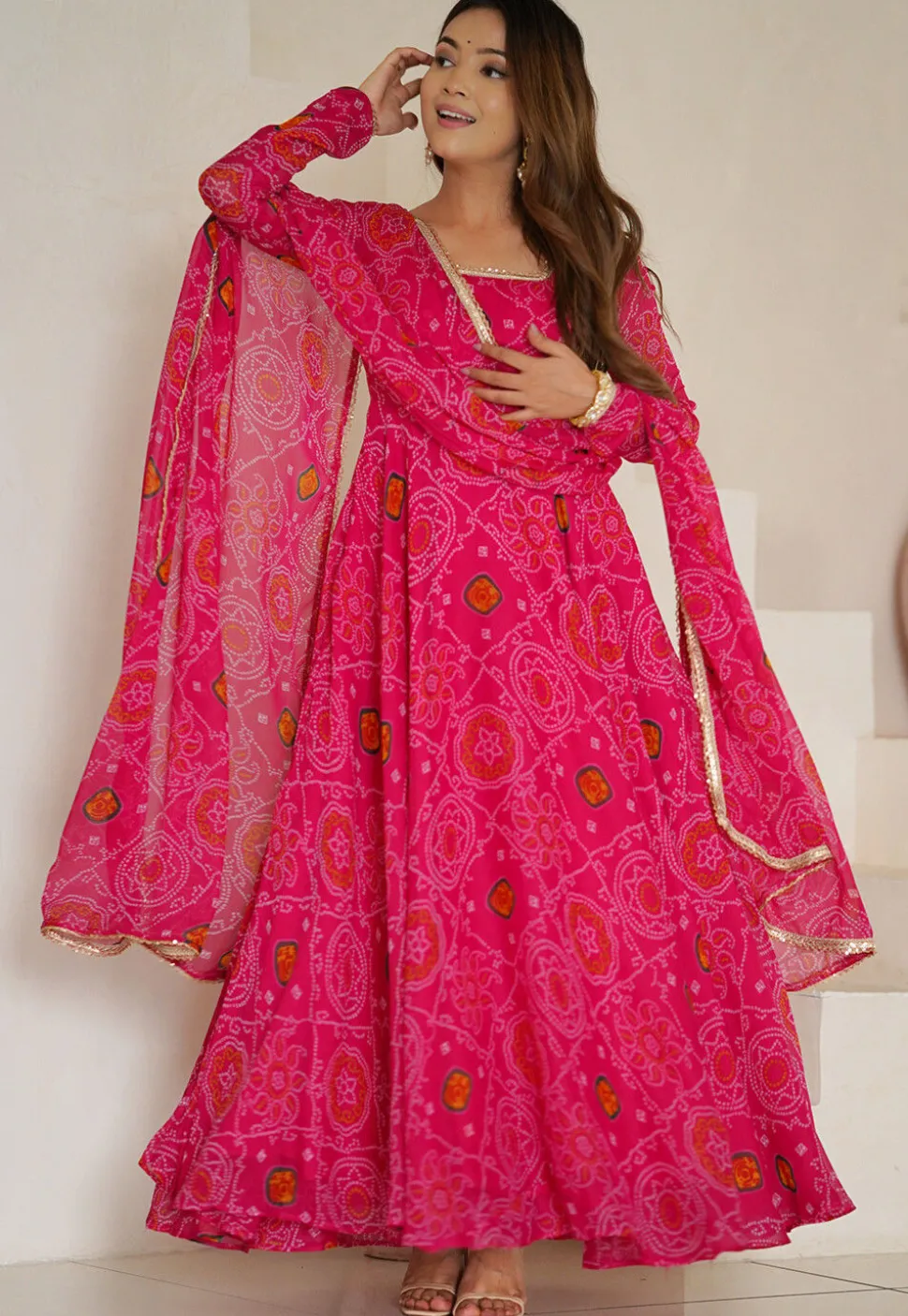 Digital Printed Chiffon Abaya Style Suit in Fuchsia