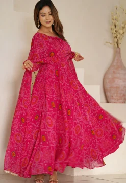 Digital Printed Chiffon Abaya Style Suit in Fuchsia