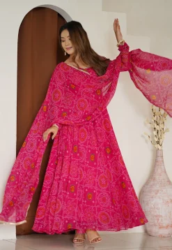 Digital Printed Chiffon Abaya Style Suit in Fuchsia