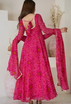 Digital Printed Chiffon Abaya Style Suit in Fuchsia