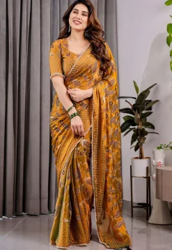 Digital Printed Chiffon Brasso Saree in Mustard