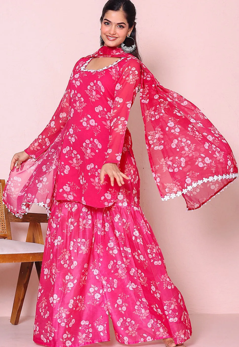 Digital Printed Chiffon Pakistani Suit in Fuchsia