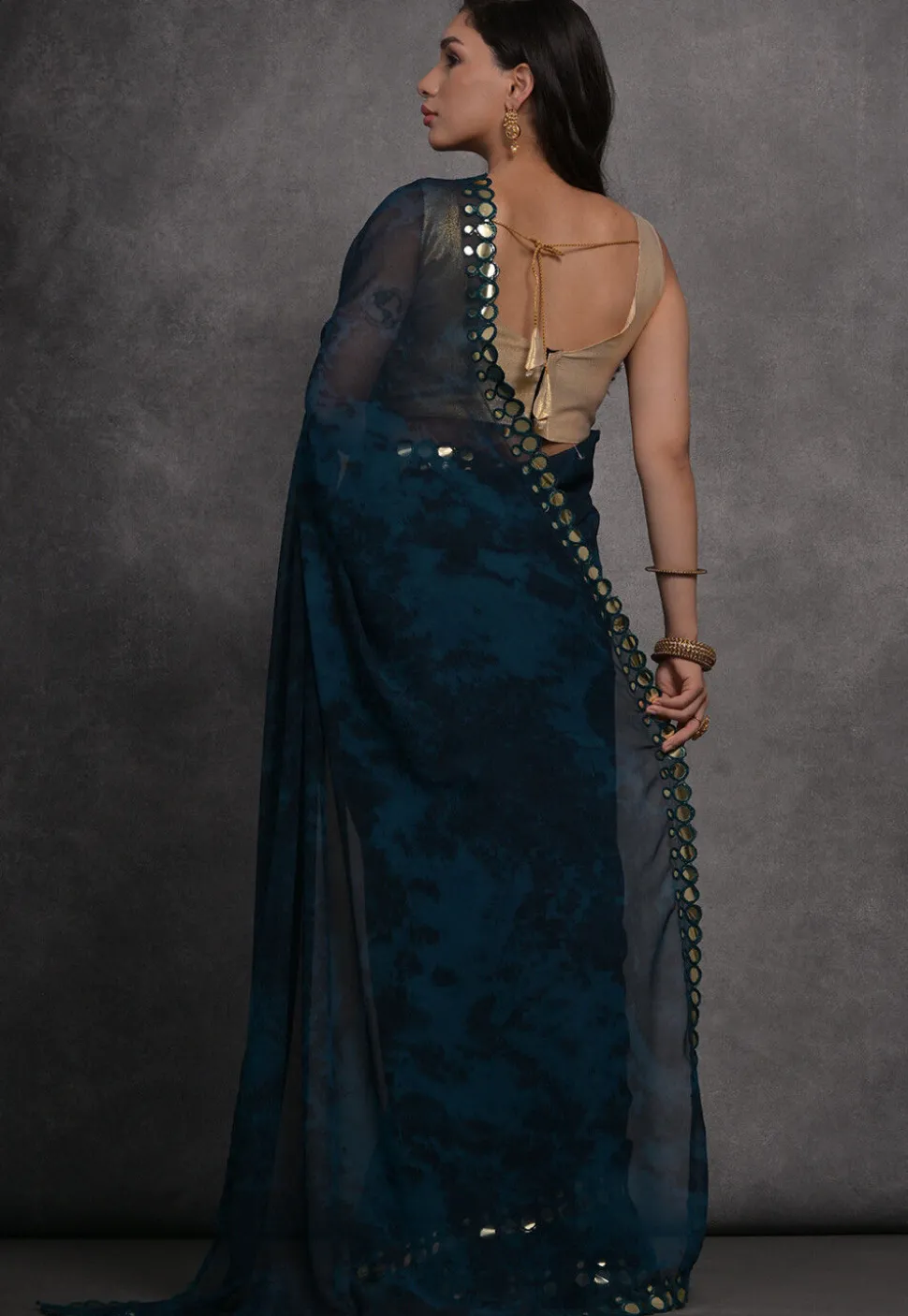 Digital Printed Chiffon Saree in Dark Blue