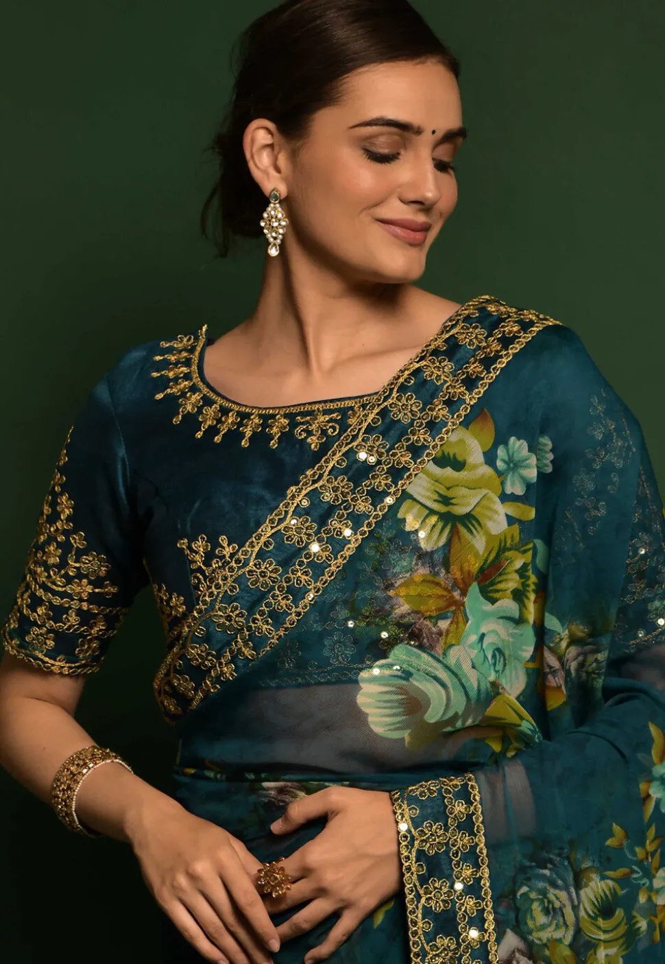 Digital Printed Chiffon Saree in Teal Blue