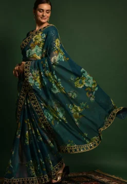 Digital Printed Chiffon Saree in Teal Blue