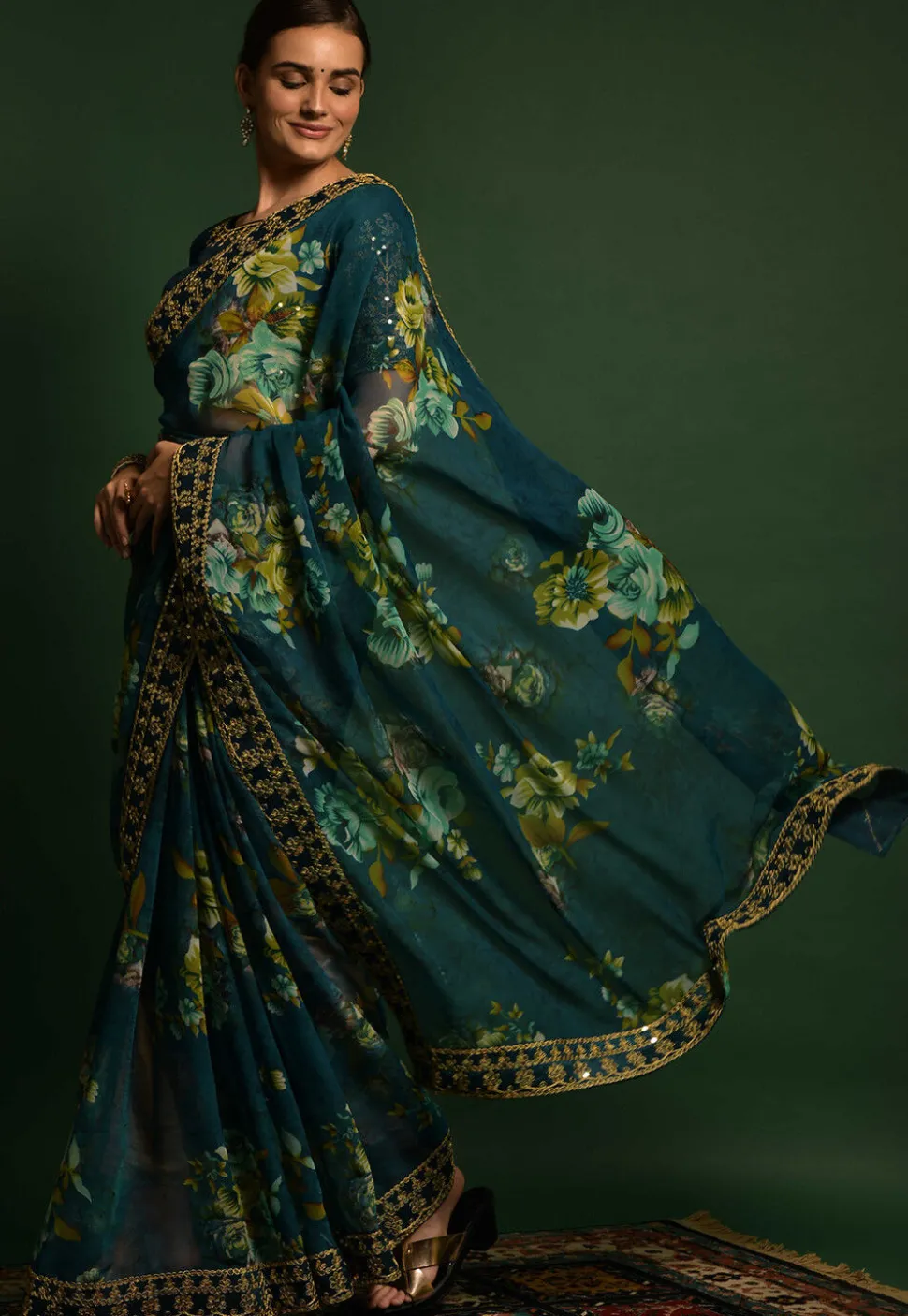 Digital Printed Chiffon Saree in Teal Blue