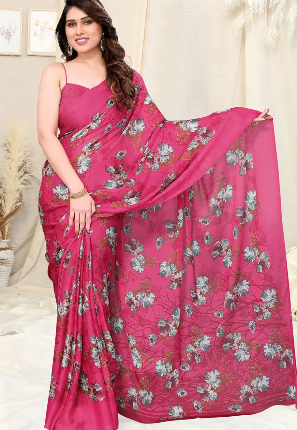 Digital Printed Chiffon Saree in Pink