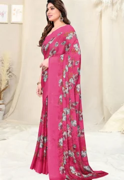 Digital Printed Chiffon Saree in Pink