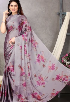Digital Printed Chiffon Saree in Grey and Pink Dual Tone