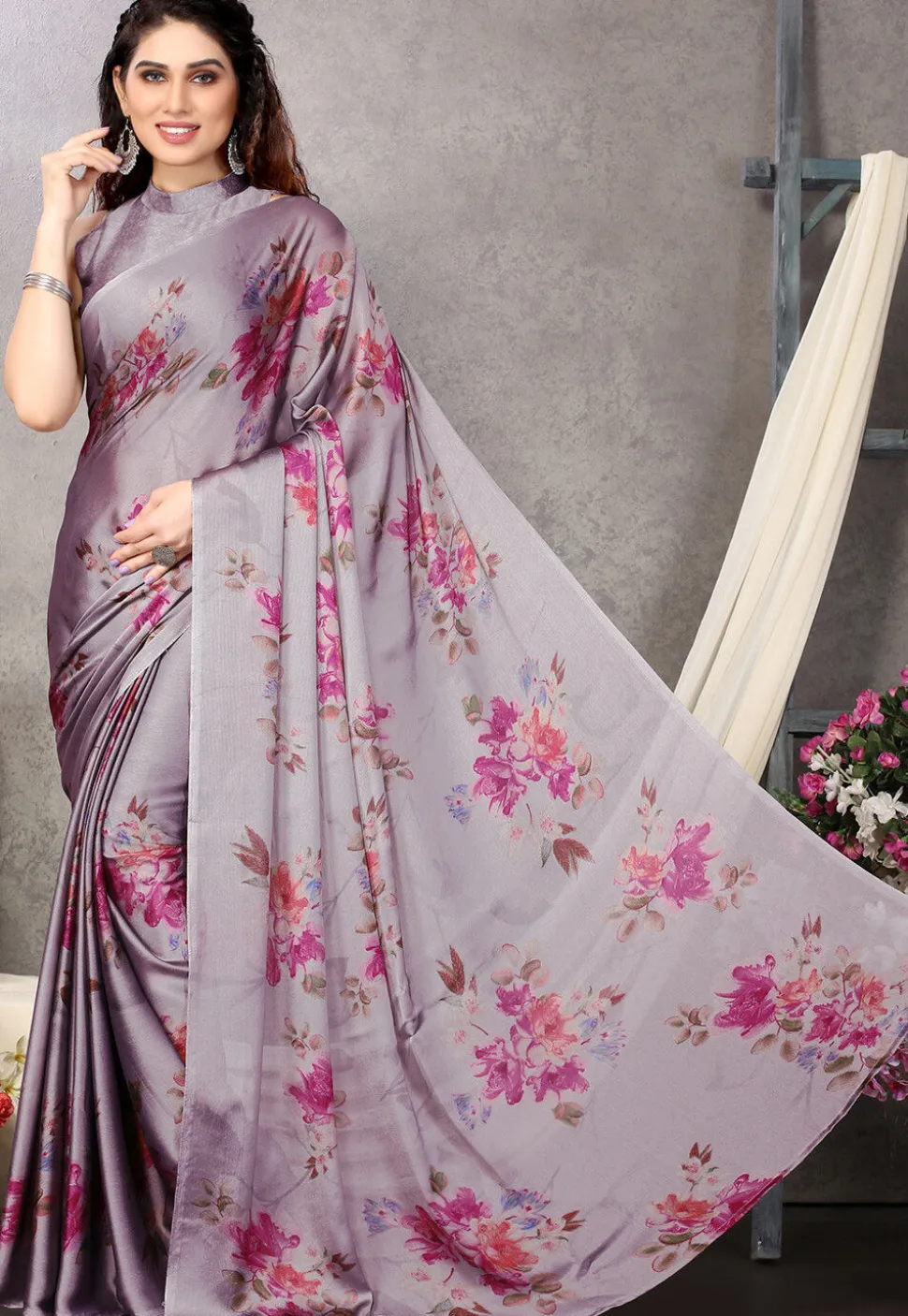 Digital Printed Chiffon Saree in Grey and Pink Dual Tone