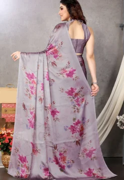 Digital Printed Chiffon Saree in Grey and Pink Dual Tone