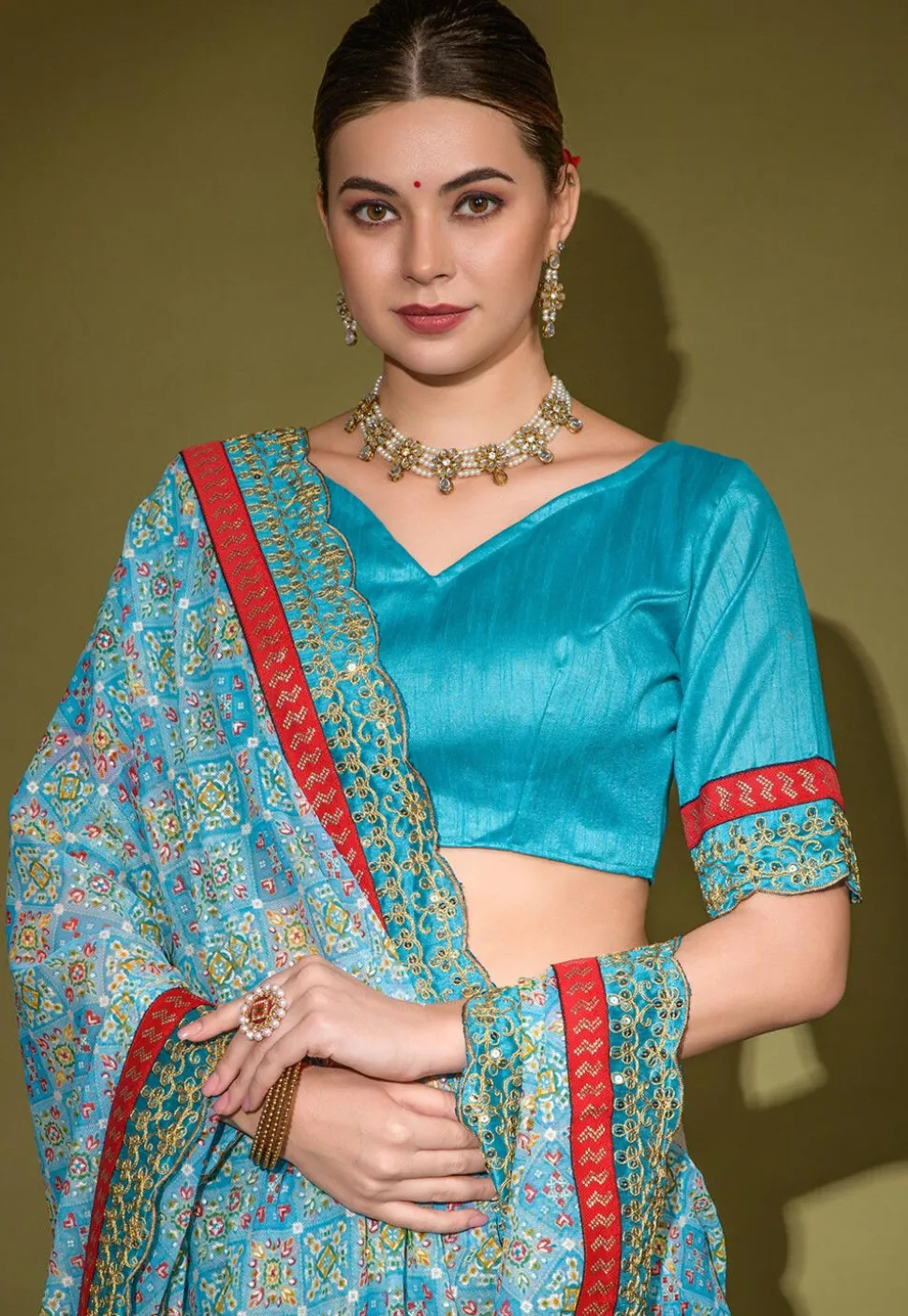Digital Printed Chiffon Saree in Sky Blue