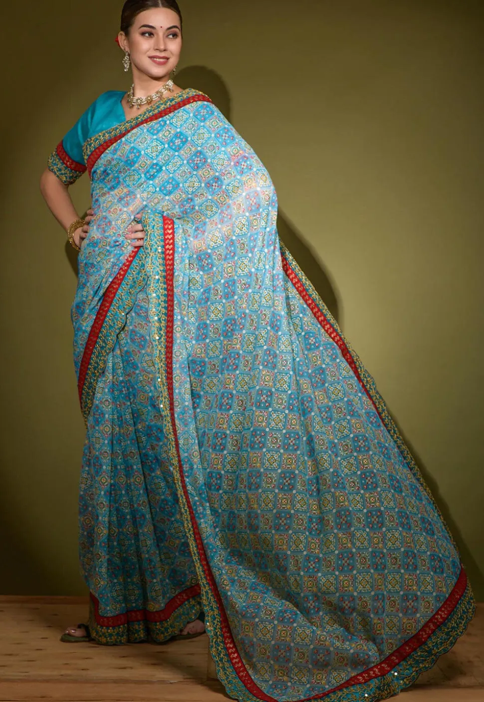Digital Printed Chiffon Saree in Sky Blue