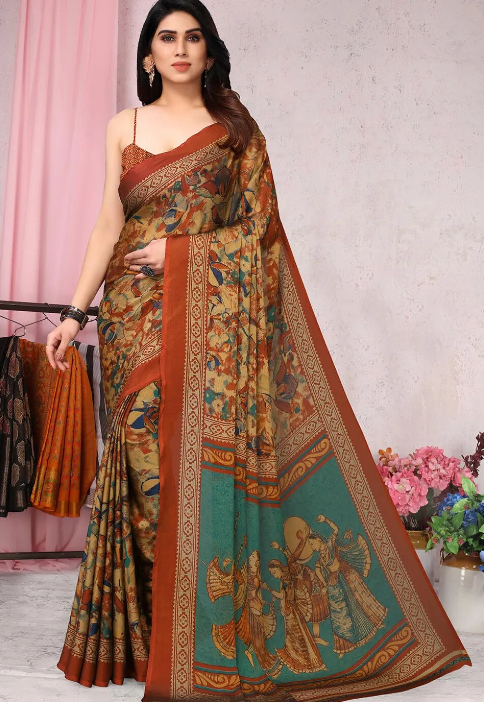 Digital Printed Chiffon Saree in Beige
