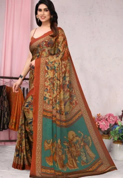 Digital Printed Chiffon Saree in Beige