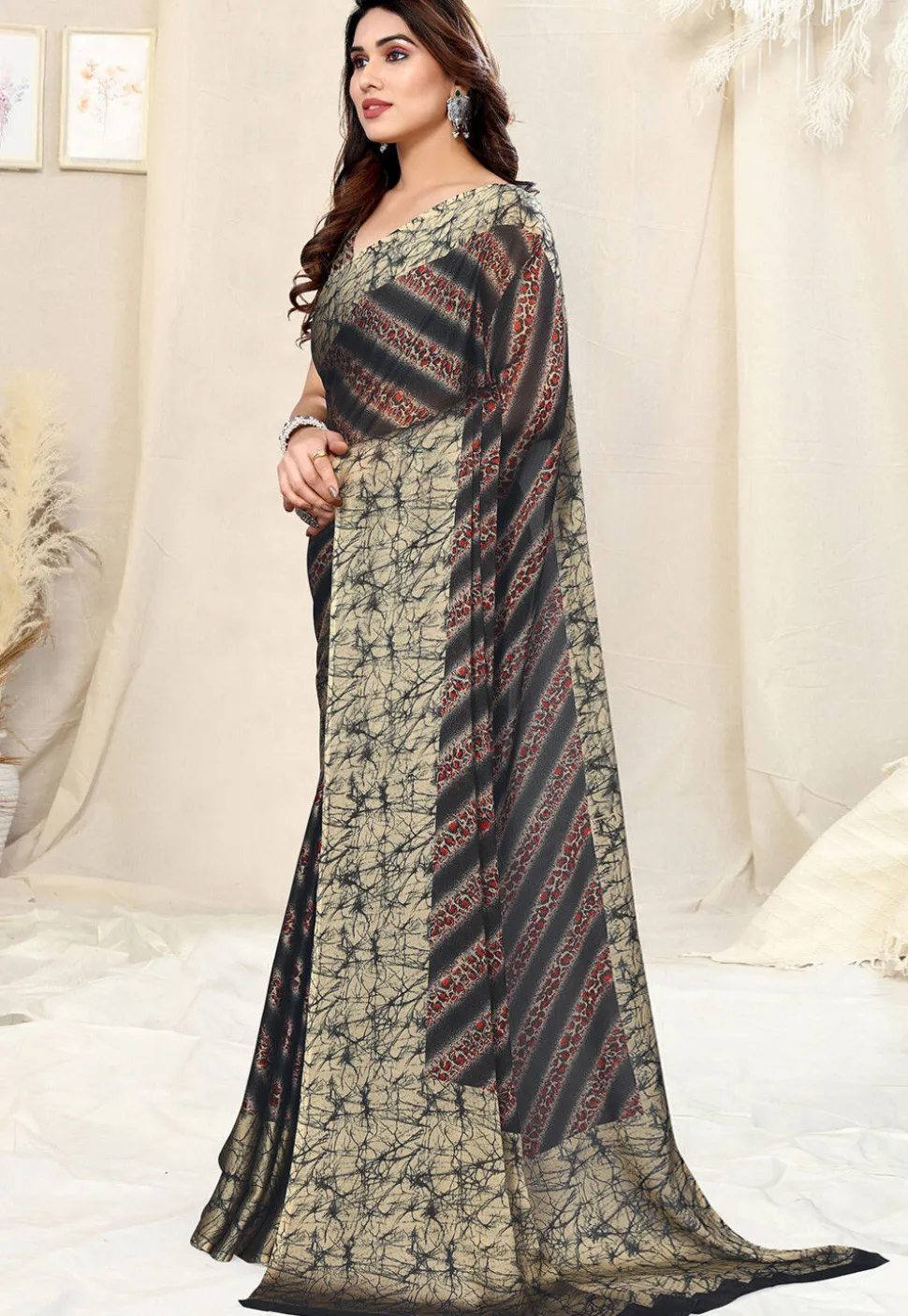 Digital Printed Chiffon Saree in Black