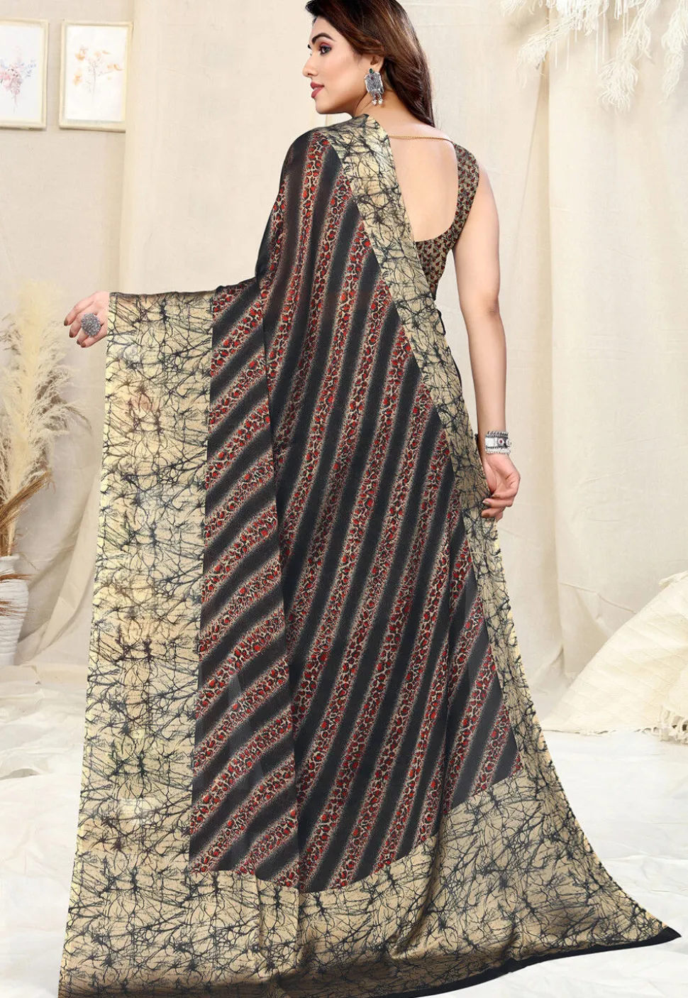 Digital Printed Chiffon Saree in Black
