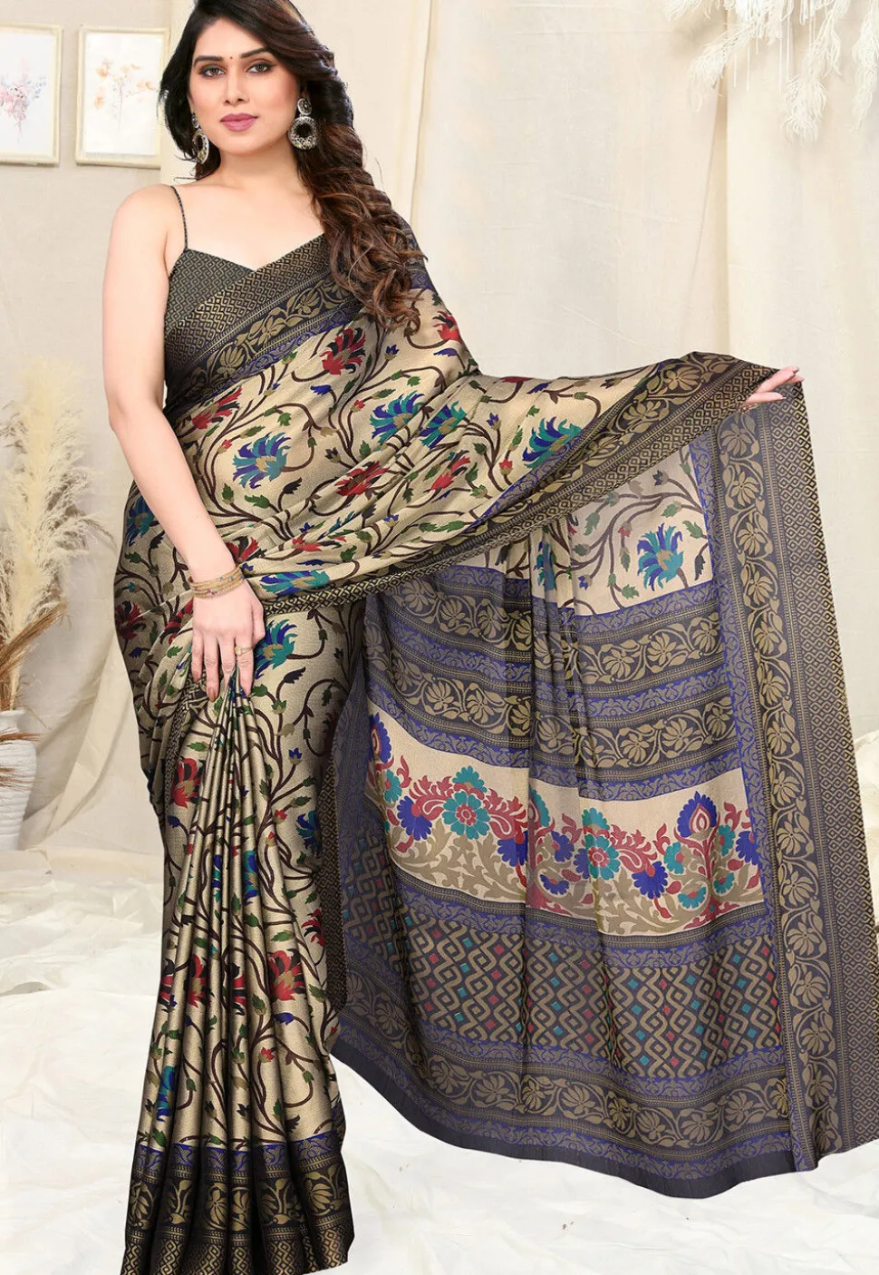 Digital Printed Chiffon Saree in Beige