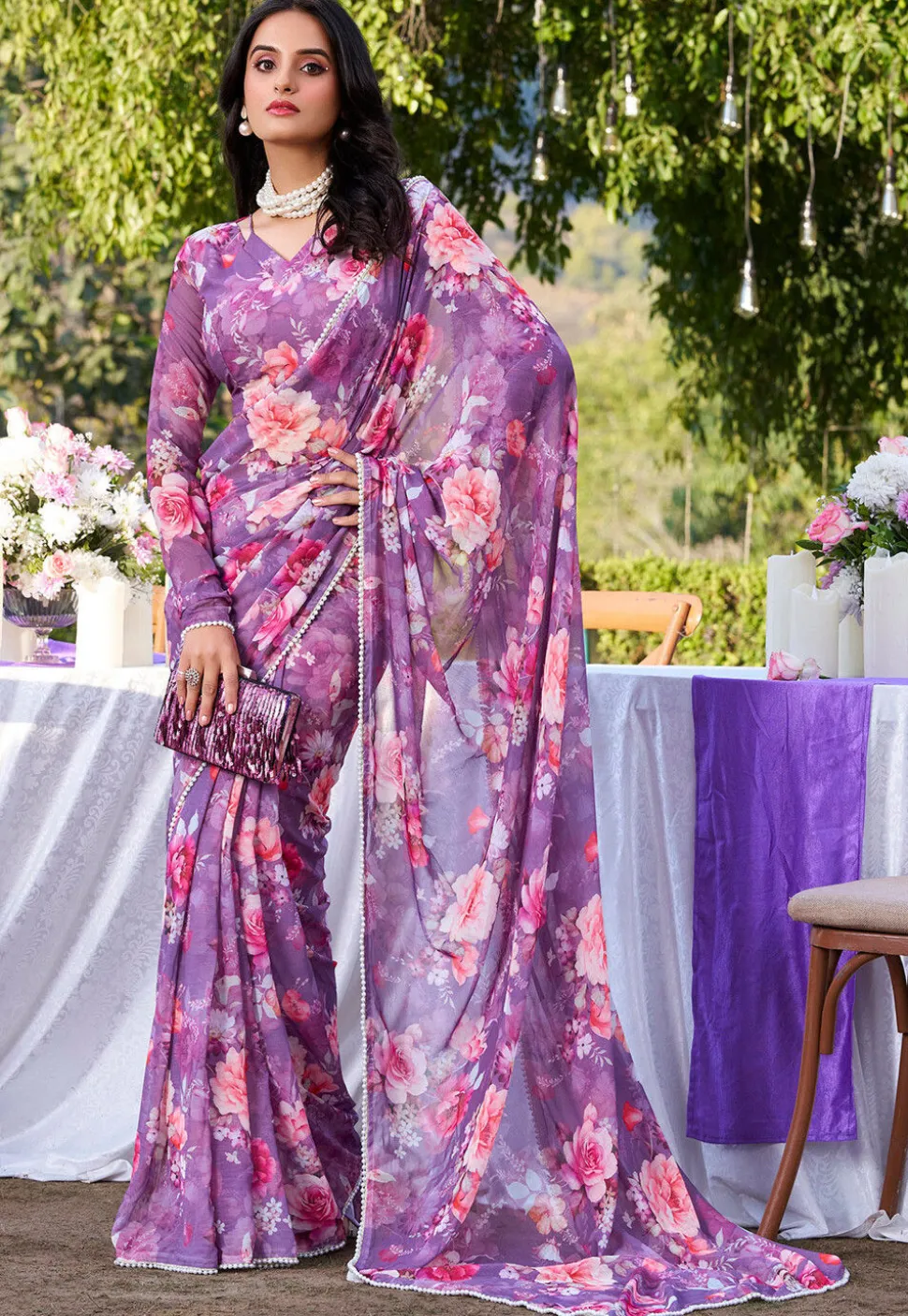 Digital Printed Chiffon Saree in Purple
