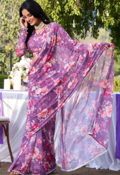 Digital Printed Chiffon Saree in Purple