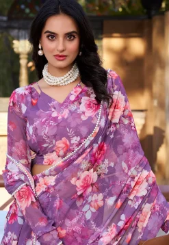 Digital Printed Chiffon Saree in Purple