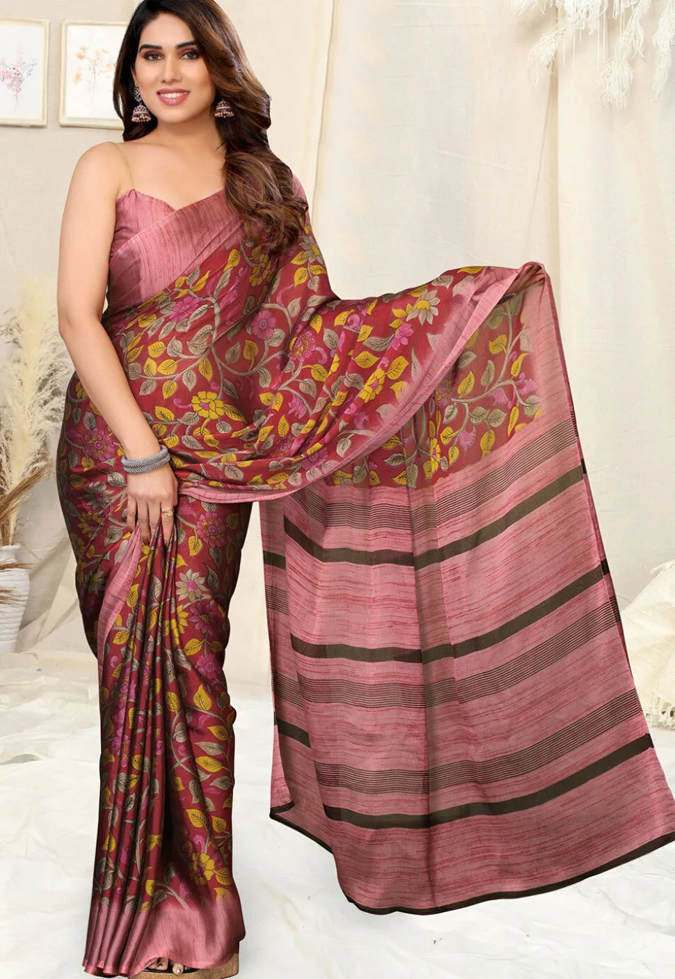 Digital Printed Chiffon Saree in Maroon