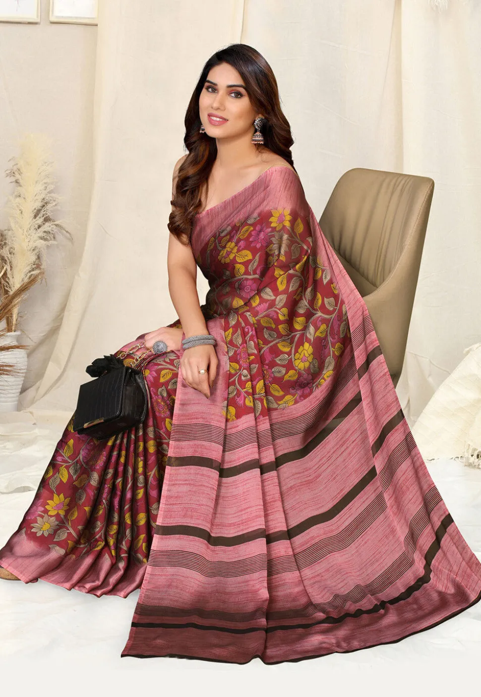 Digital Printed Chiffon Saree in Maroon