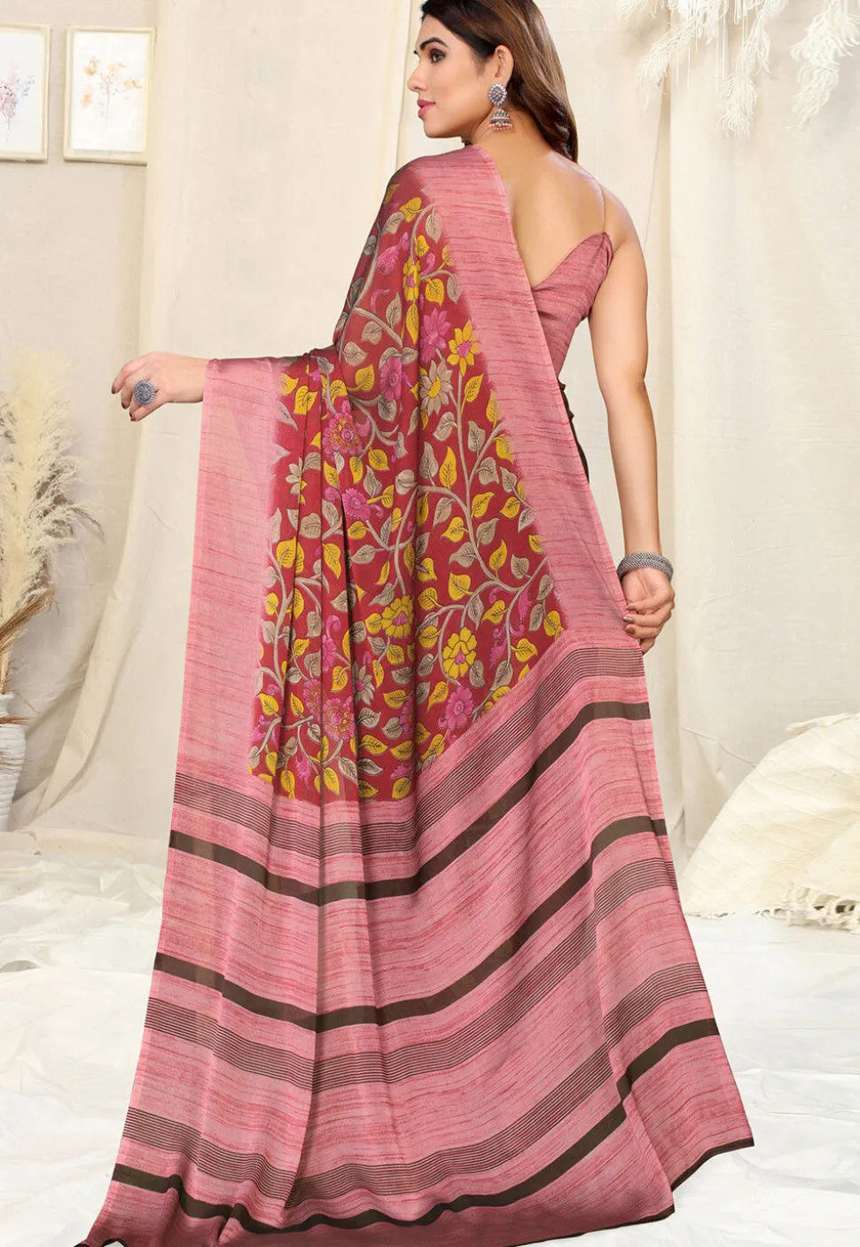 Digital Printed Chiffon Saree in Maroon