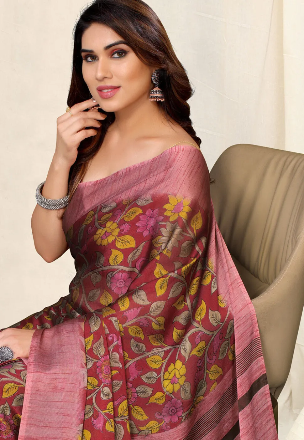 Digital Printed Chiffon Saree in Maroon