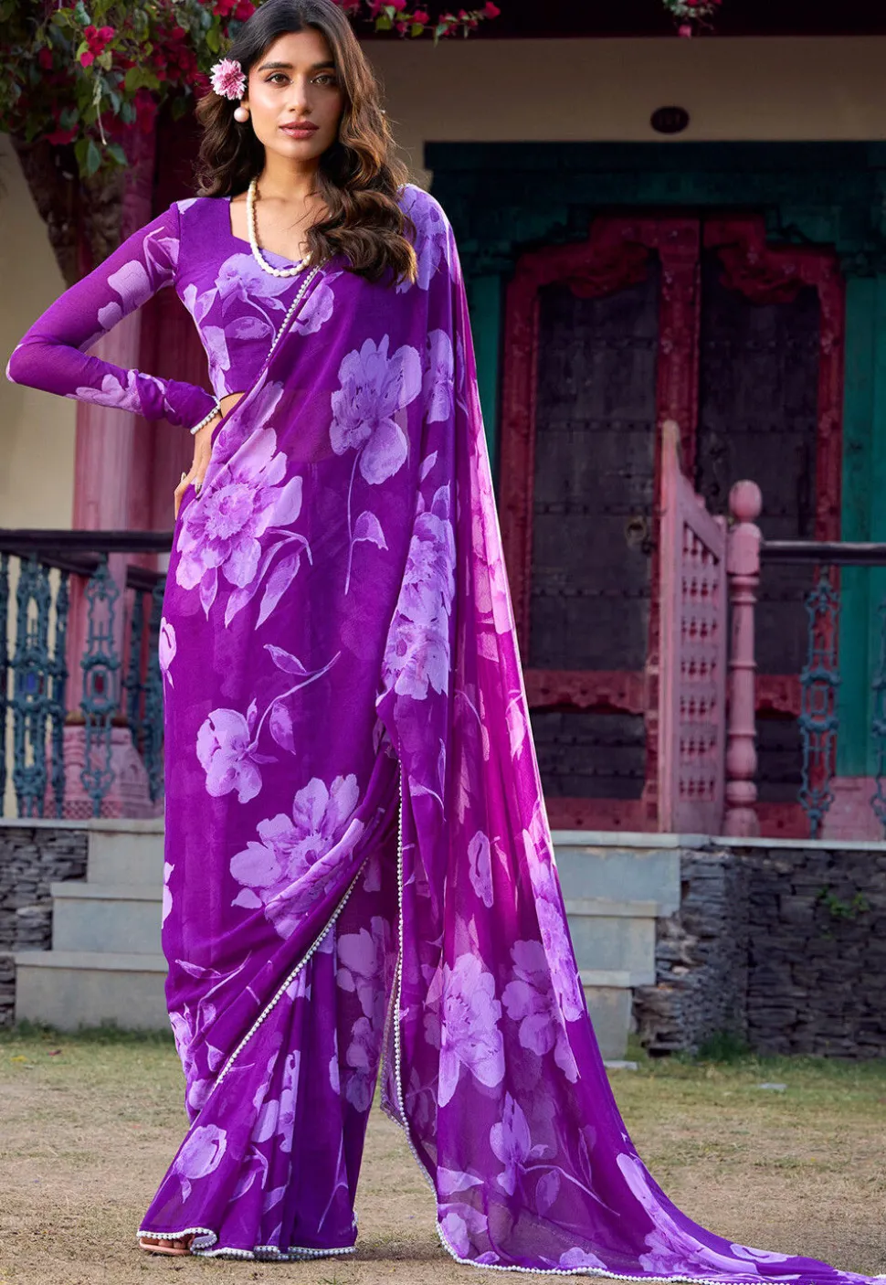 Digital Printed Chiffon Saree in Purple