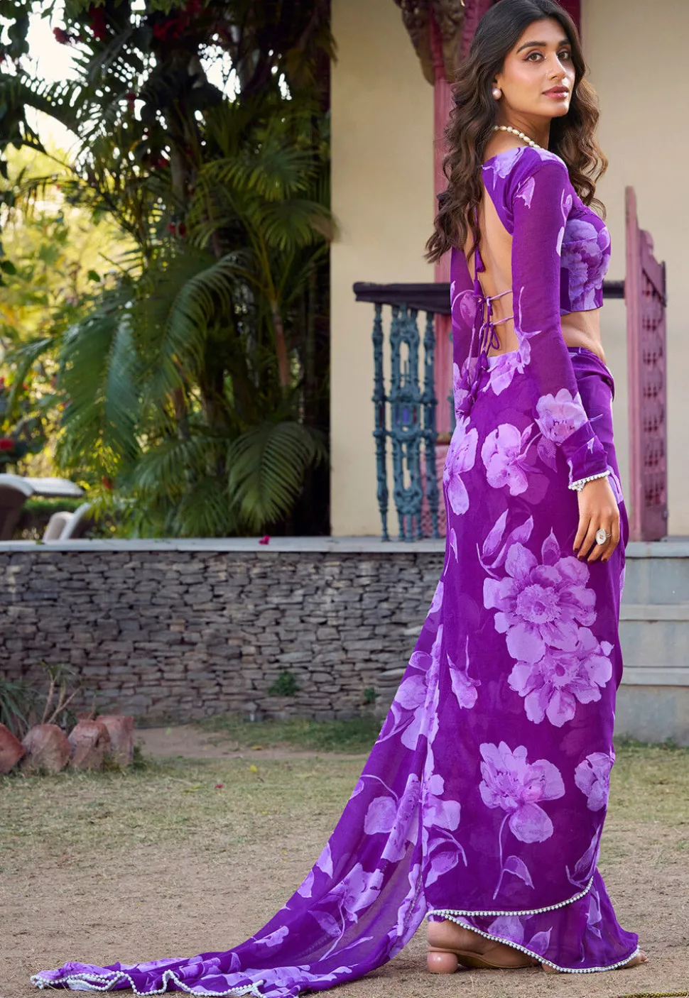 Digital Printed Chiffon Saree in Purple