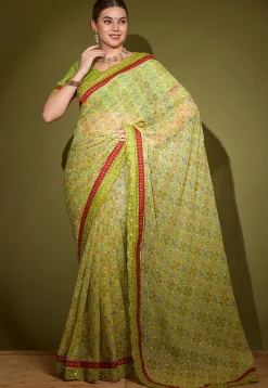 Digital Printed Chiffon Saree in Light Green