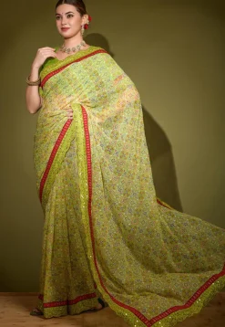 Digital Printed Chiffon Saree in Light Green