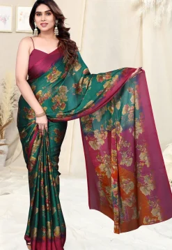 Digital Printed Chiffon Saree in Teal Green