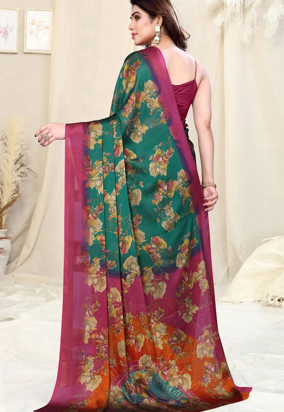 Digital Printed Chiffon Saree in Teal Green