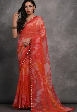 Digital Printed Chiffon Saree in Red