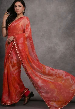 Digital Printed Chiffon Saree in Red